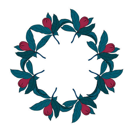 Vector round frame of pomegranate leaves, seeds and flowers. Vector illustration wreath of pomegranate and leaves. Can be used as a greeting card for background, birthday, mother s day and so on.のイラスト素材