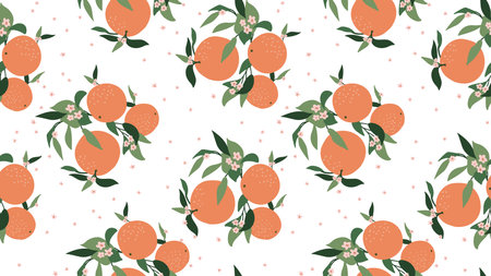Orange floral seamless pattern. Abstract branches of orange, leaves and color white background....