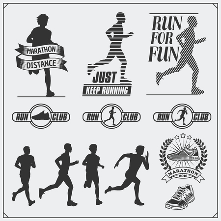 Set of jogging and running club labels, emblems and design elements. Silhouettes of runners.のイラスト素材