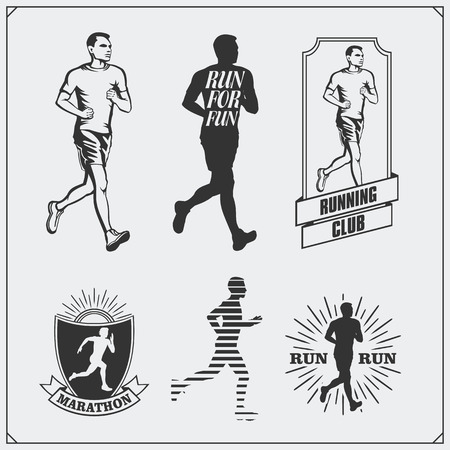Set of jogging and running club labels, emblems and design elements. Silhouettes of runners.のイラスト素材