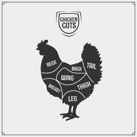 Cuts of Chicken meat. Silhouette of Chicken. Chicken label.のイラスト素材