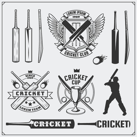 Set of cricket sports symbols, labels, logos and design elements. Cricket emblems and equipment elements.のイラスト素材