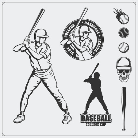 Baseball club emblems, labels and design elements. Baseball player, balls, helmets and bats. Baseball player, ball, helmet, glove and bat.4のイラスト素材