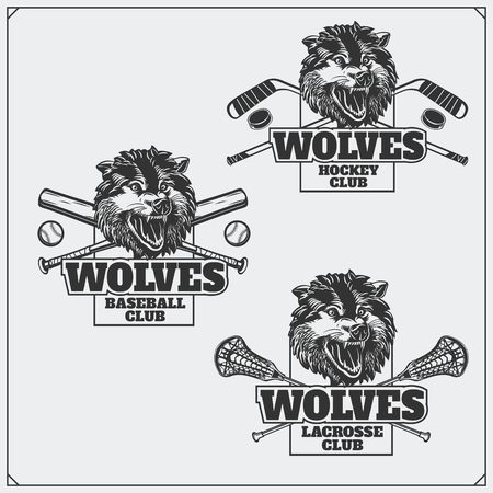 Lacrosse, baseball and hockey logos and labels. Sport club emblems with head of wolf.のイラスト素材