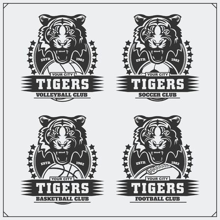 Volleyball, baseball, soccer and football and labels. Sport club emblems with tiger.のイラスト素材