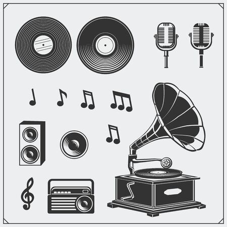 Retro music studio emblems, labels, badges and design elements. Vector set.のイラスト素材