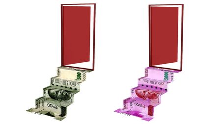 Step textured Indian rupees to reach the success door. Made with 3d rendering...の写真素材