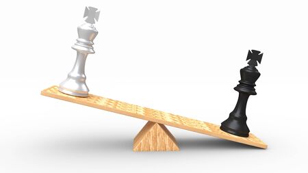 Chess pieces on wooden seesaw, isolated on white background. Made with 3d rendering...の写真素材