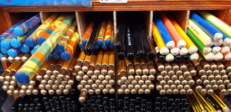 Warsaw, Poland, March 10, 2021: Colorful pencil rack at the art supplies shopのeditorial素材
