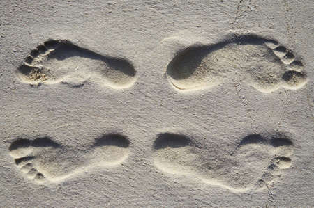 Fun four footsteps on a coral sandy beachの写真素材
