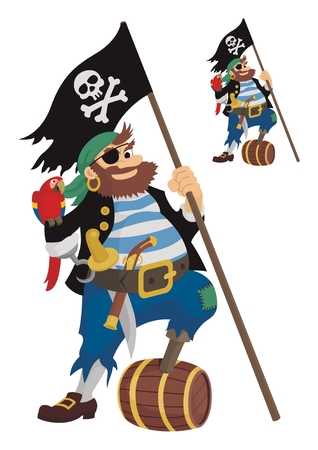 A happy pirate, owning all the accessories required for his profession.  On the little picture is the same pirate, but without shades.   No transparency and gradients used in the vector file.のイラスト素材