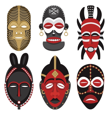Six African masks.  No transparency and gradients used in the vector file.のイラスト素材