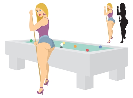 Sexy girl playing billiard.   No transparency and gradients used in the vector file.のイラスト素材