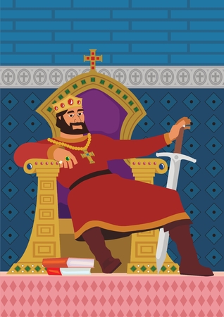 A happy king, resting in his throne.  No transparency and gradients used in the vector file.のイラスト素材