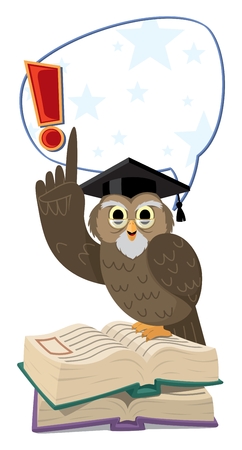 Professor Owl is telling you something. You can easily remove the comic bubble or just the exclamation mark in the  file.   No transparency and gradients used. のイラスト素材