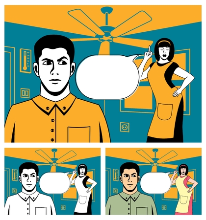 Comic book picture of arguing couple. Below is the same picture, colored in 2 different ways.  No transparency and gradients used. のイラスト素材