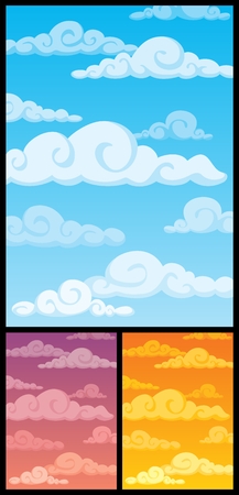 Cartoon cloudscape. Below are 2 more versions, differing in color. No transparency used. Basic (linear) gradients used for the sky. A4 proportions. のイラスト素材