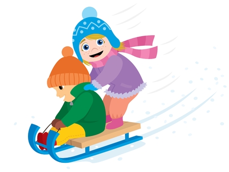 2 kids having fun with a sled.  No transparency and gradients used. のイラスト素材