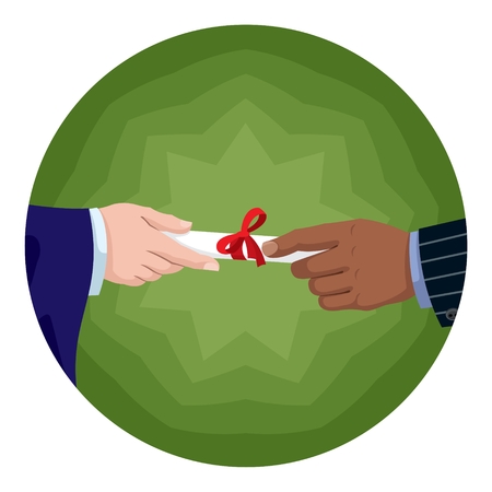 Handing a certificate or diploma.  No transparency and gradients used. のイラスト素材