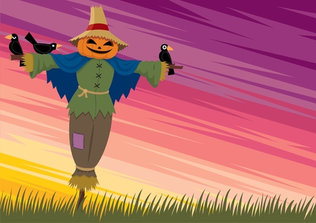 Cartoon background with a scarecrow and empty space for your text. No transparency and gradients used.  のイラスト素材