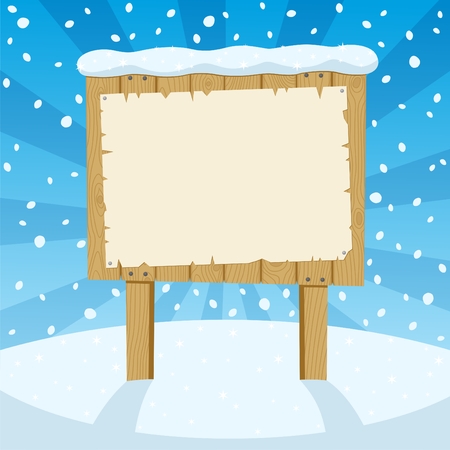 A cartoon wooden sign in the snow.  No transparency used. Basic (linear) gradients used for the sky. のイラスト素材