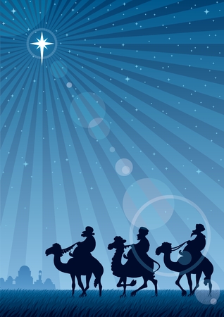 The three Magi follow the Star of Bethlehem.  No transparency used. Basic (linear) gradient used for the sky and the lens flare effect. A4 proportions. のイラスト素材