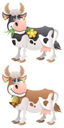 Cartoon cow in 2 versions.  No transparency used. Basic (linear) gradients used. のイラスト素材