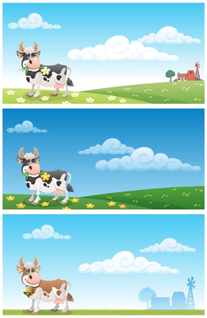 Cartoon cow grazing on a meadow. The illustration is in 3 different versions. On 2 of them you can see the buildings of a diary farm in the distance. No transparency used. Basic (linear) gradients used.  のイラスト素材