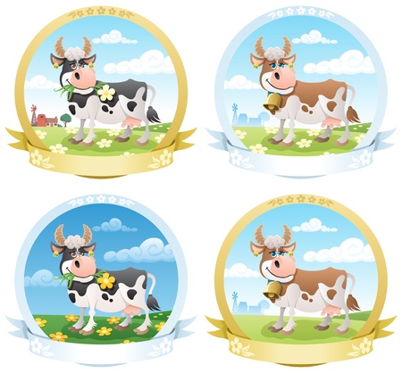 4 dairy products labels.  No transparency used. Basic (linear) gradients used.  のイラスト素材