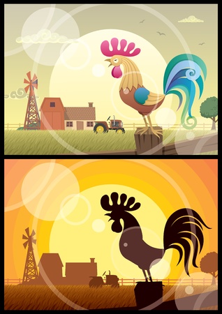 2 illustrations of crowing roosters on farm backgrounds.  No transparency used. Basic (linear) gradients used in the first illustration. No gradients in the second. A4 proportions. のイラスト素材