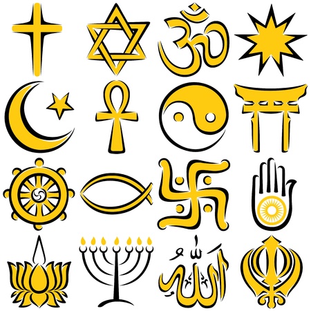 Set of 16 religious symbols, executed in line art.  No transparency and gradients used. のイラスト素材