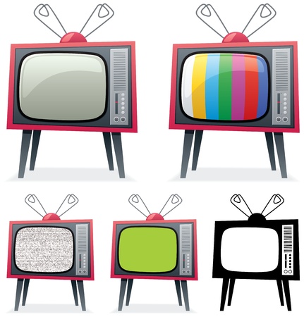 Cartoon illustration of a retro TV in 5 different versions. You can replace the green screen on the 4-th TV with your own picture.  No transparency used. Basic (linear) gradients. のイラスト素材