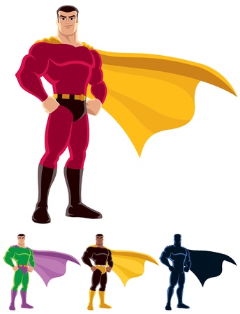 Superhero over white background. Below are 3 additional versions. One of them is a silhouette.  No transparency and gradients used.