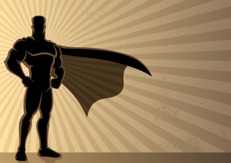 Superhero over a grunge background with copyspace.  No transparency used. Basic (linear) gradients used for the background. A4 proportions. のイラスト素材