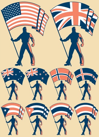 Flag bearer in 10 versions, differing by the flag. Flags of: USA, UK, Australia, New Zealand, Norway, Iceland, Cuba, Puerto Rico, Thailand, Costa Rica.   No transparency and gradients used. のイラスト素材