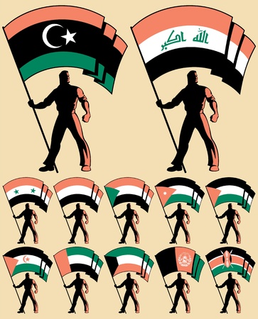 Flag bearer in 12 versions, differing by the flag. Flags of: Libya, Iraq, Syria, United Arab Emirates, Afghanistan, Palestine, Yemen, Kuwait, Jordan, Sudan, Western Sahara, Sahrawi Arab Democratic Republic, Kenya. No transparency and gradients used. のイラスト素材
