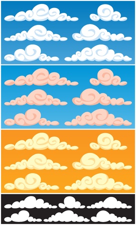 A collection of cartoon clouds in 3 color versions and silhouettes. のイラスト素材