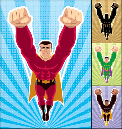 Superhero in action. 3 additional versions of the illustration are also included. のイラスト素材
