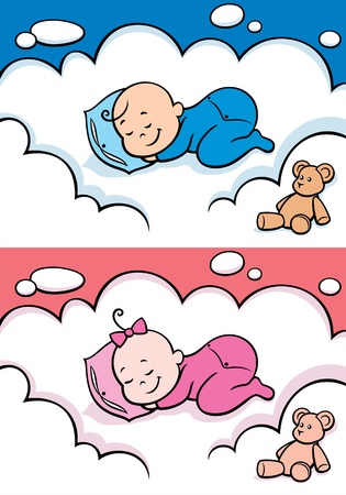 Cartoon baby sleeping on a cloud   The illustration is in 2 versions for baby boy and baby girl   You can extend the color of the sky, or the white color of the cloud to make place for your text のイラスト素材