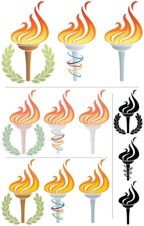 Stylized illustration of a flaming torch in 12 different versions. No transparency used. Basic (linear) gradients used in the first 3 torches.のイラスト素材