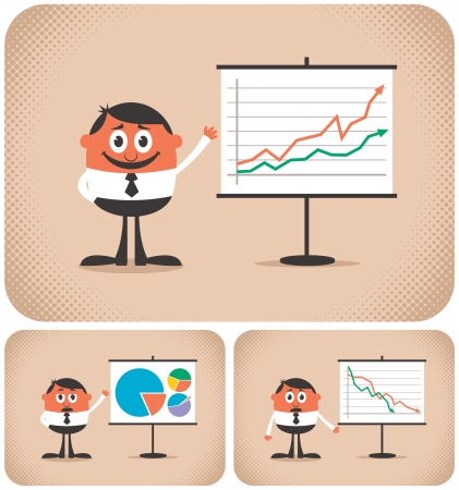 Cartoon character making a presentation. The illustration is in 3 versions. You can replace the chart with your own message.  No transparency and gradients used. のイラスト素材