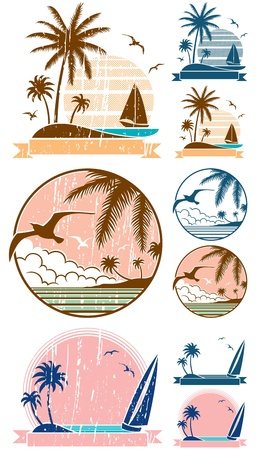 Set of 3 beach symbols + 6 additional versions (2 for each symbol). No transparency and gradients used. のイラスト素材
