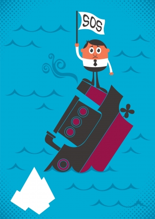 Man, sinking with his ship. No transparency and gradients used. のイラスト素材