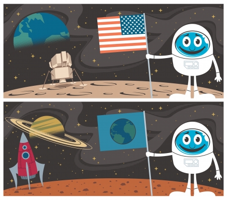 Cartoon illustrations of the Moon Landing and Mars Landing.  No transparency and gradients used. のイラスト素材