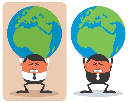 Conceptual illustration of businessman holding planet Earth on his shoulders. のイラスト素材