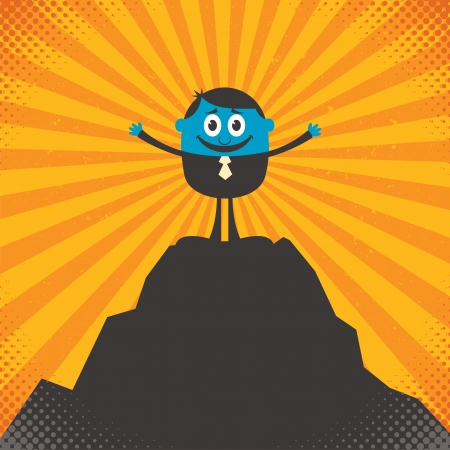 Conceptual illustration for success, depicting character on top of mountain.のイラスト素材