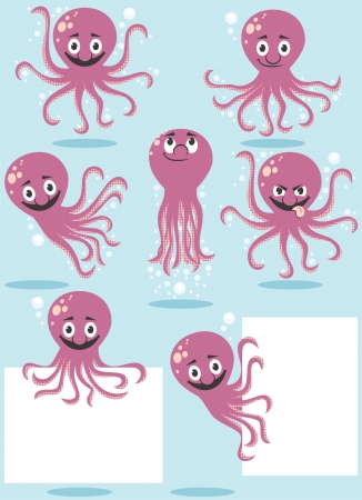 Cartoon octopus in 7 poses  No transparency and gradients used のイラスト素材