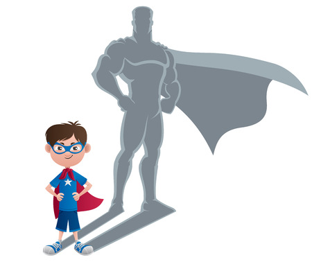 Conceptual illustration of little boy with superhero shadow  のイラスト素材