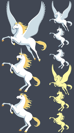 Pegasus, unicorn and stallion clip art. Silhouette versions and pure white versions are also included. No transparency and gradients used.のイラスト素材