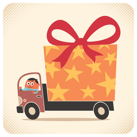 Truck driver delivers gift for birthday or some other special occasion. No transparency and gradients used.のイラスト素材
